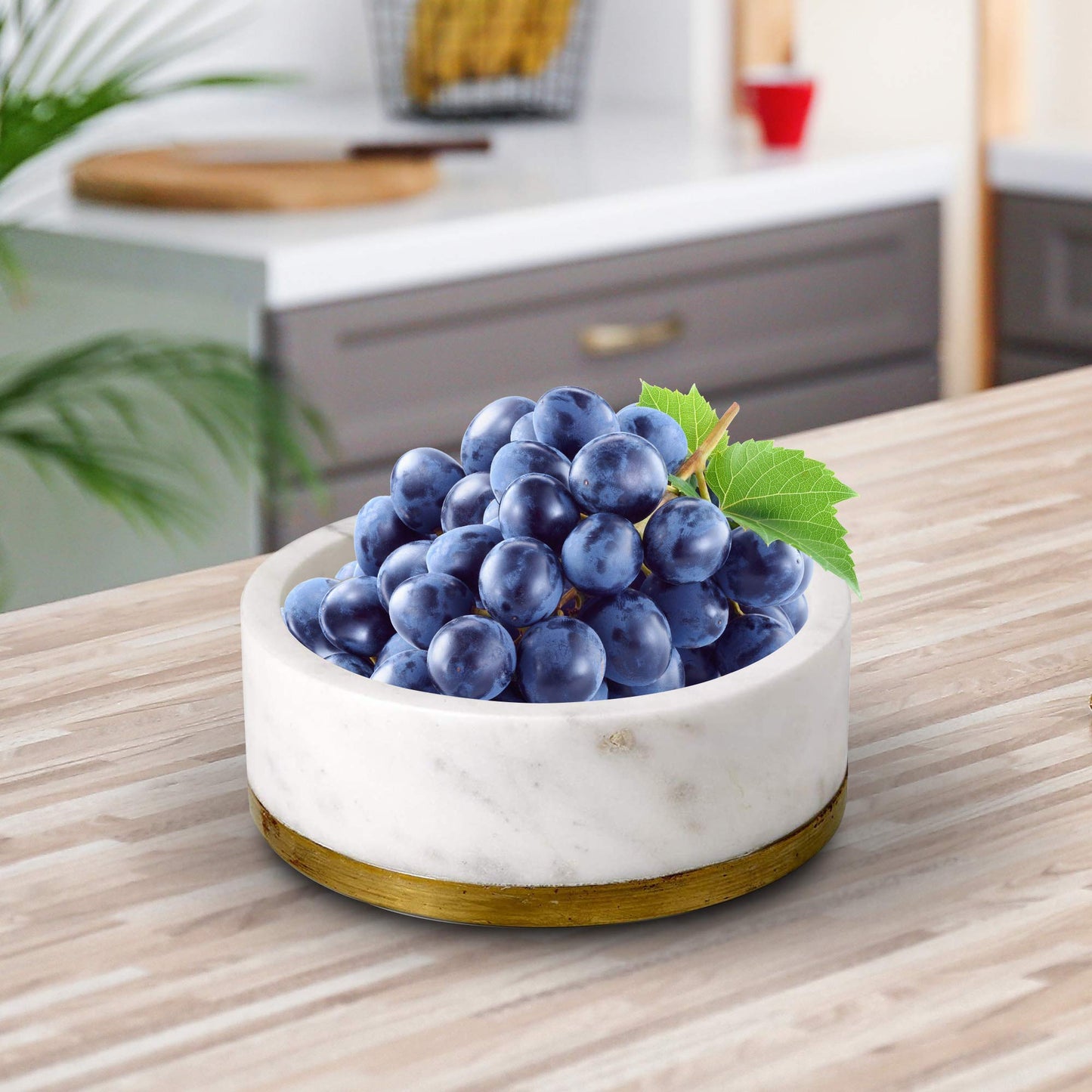 Serene Spaces White Marble Bowl with Brass Ring - Decorative Multi-Purpose Centerpiece and Fruit Bowl - Medium Size, 2" Tall x 6" Diameter