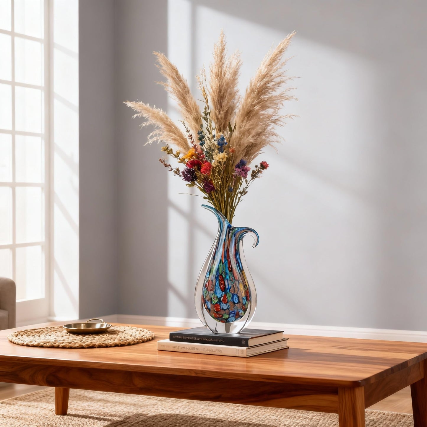 Blown Glass Painted vase, a Unique Murano-Style Glass Decorative Art Piece, Suitable for Living Room TV cabinets, Dining Table Arrangements, Offices, Rooms, and Tabletop Decorative Accents. (Blue)