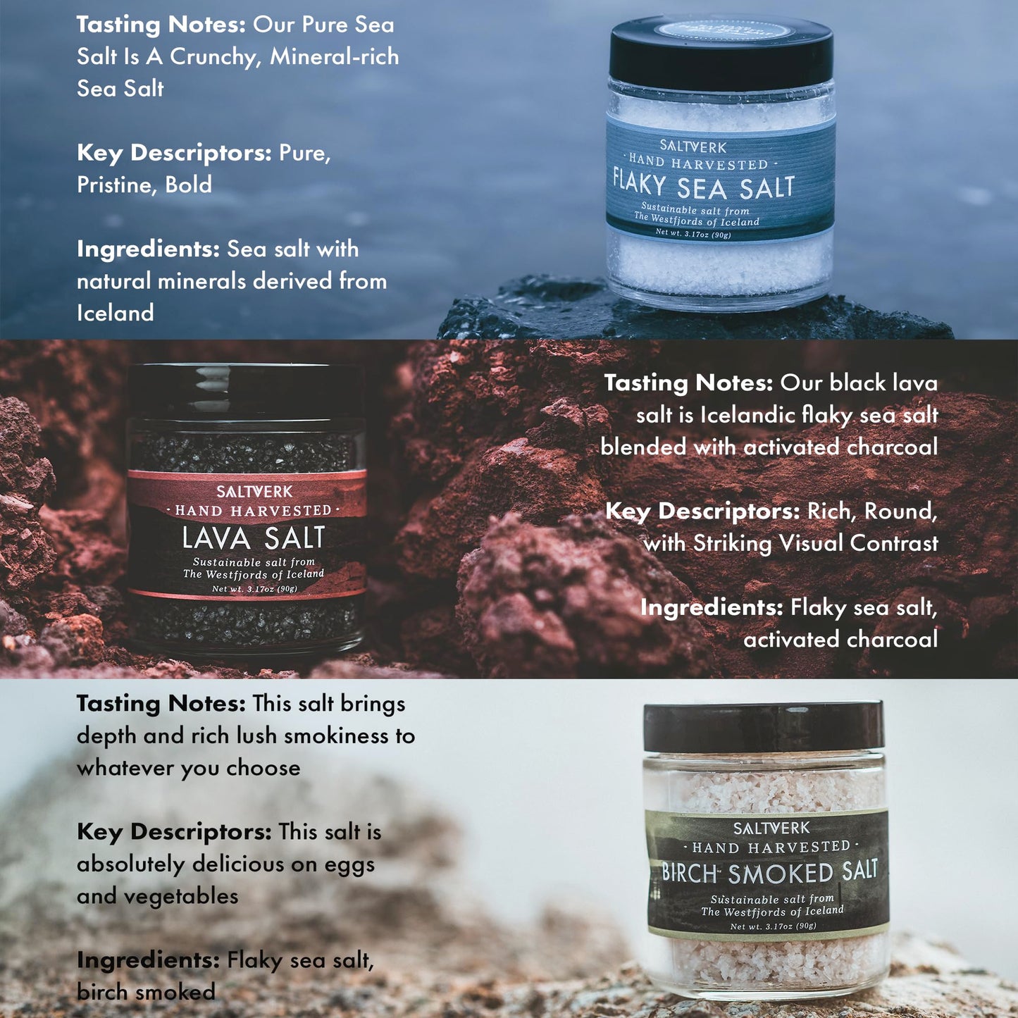 Saltverk Salt Luxury Gift Set - Includes 3 Jars - Flaky, Lava, and Birch Smoked Sea Salts- Gourmet, Icelandic, Hand Harvested and Sustainably Made - 9.51 Oz Total
