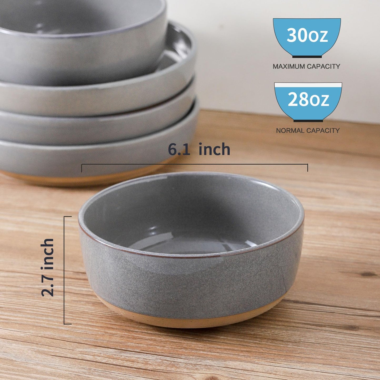 Tikooere Ceramic Soup Bowls Set of 6,30 Ounce Stoneware Cereal Bowl,Porcelain Nesting Bowls for Oatmeal,Popcorn,Soup,Pasta,Fruit,Housewarming Gift,Microwave & Dishwasher Safe,Gray