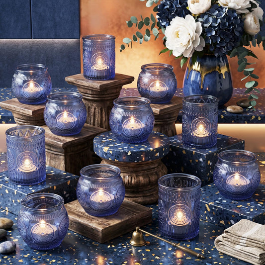 24 Pcs Blue Votive Candle Holders for Table Centerpiece, Vintage Glass Candle Holder Set for Wedding Decor Home Party Decoration