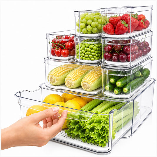 SMRCAD Refrigerator Organizers and Storage, 8 Pack with 1 Pull-Out Drawer and 7 Lidded Bins, Fruit Storage Containers for Fridge with Drain Trays, Helps Keep Produce Fresh