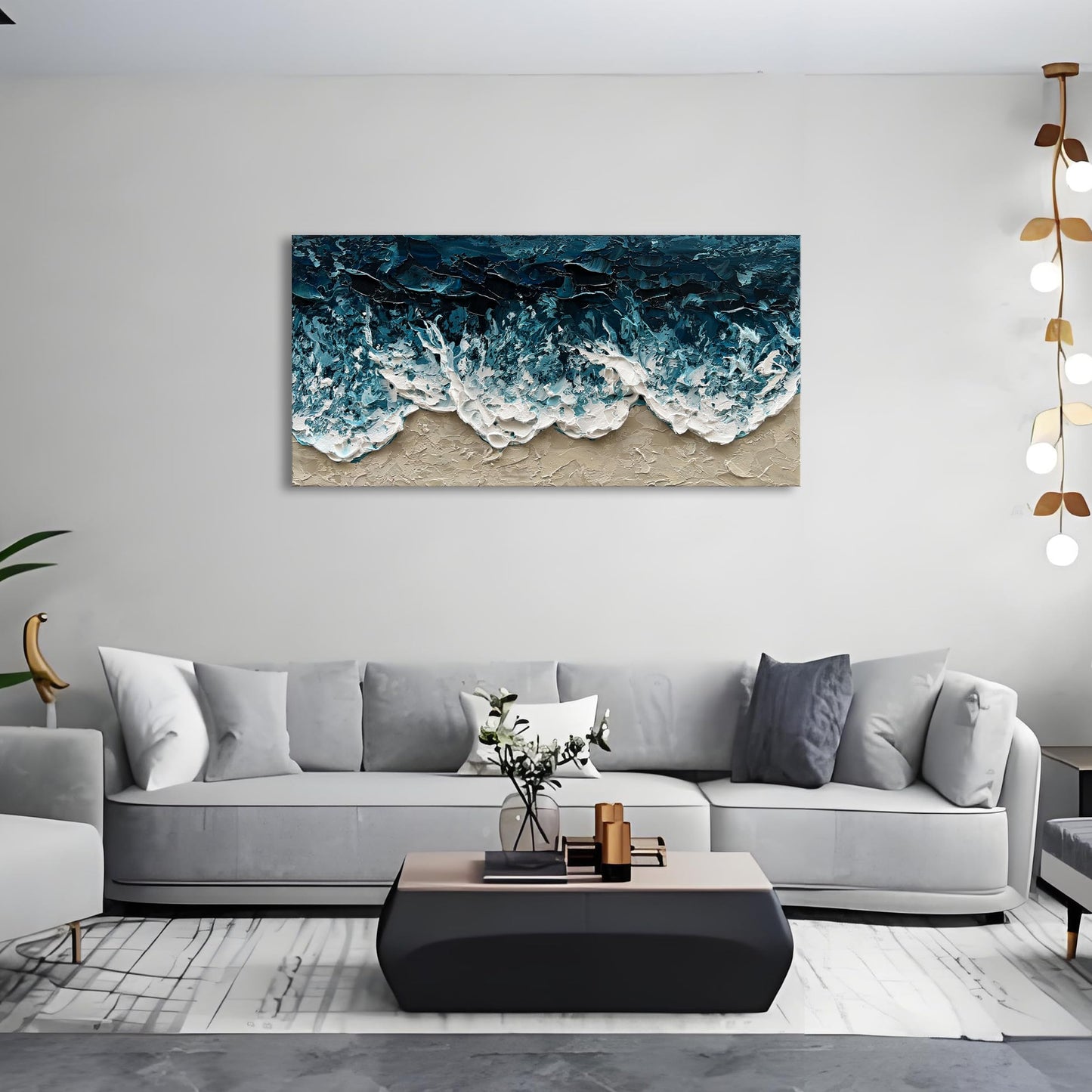Diathou Art Hand-Painted Blue Ocean Beach Landscape Oil Painting Large Abstract Canvas Art Home wall Decoration 24x48 inches