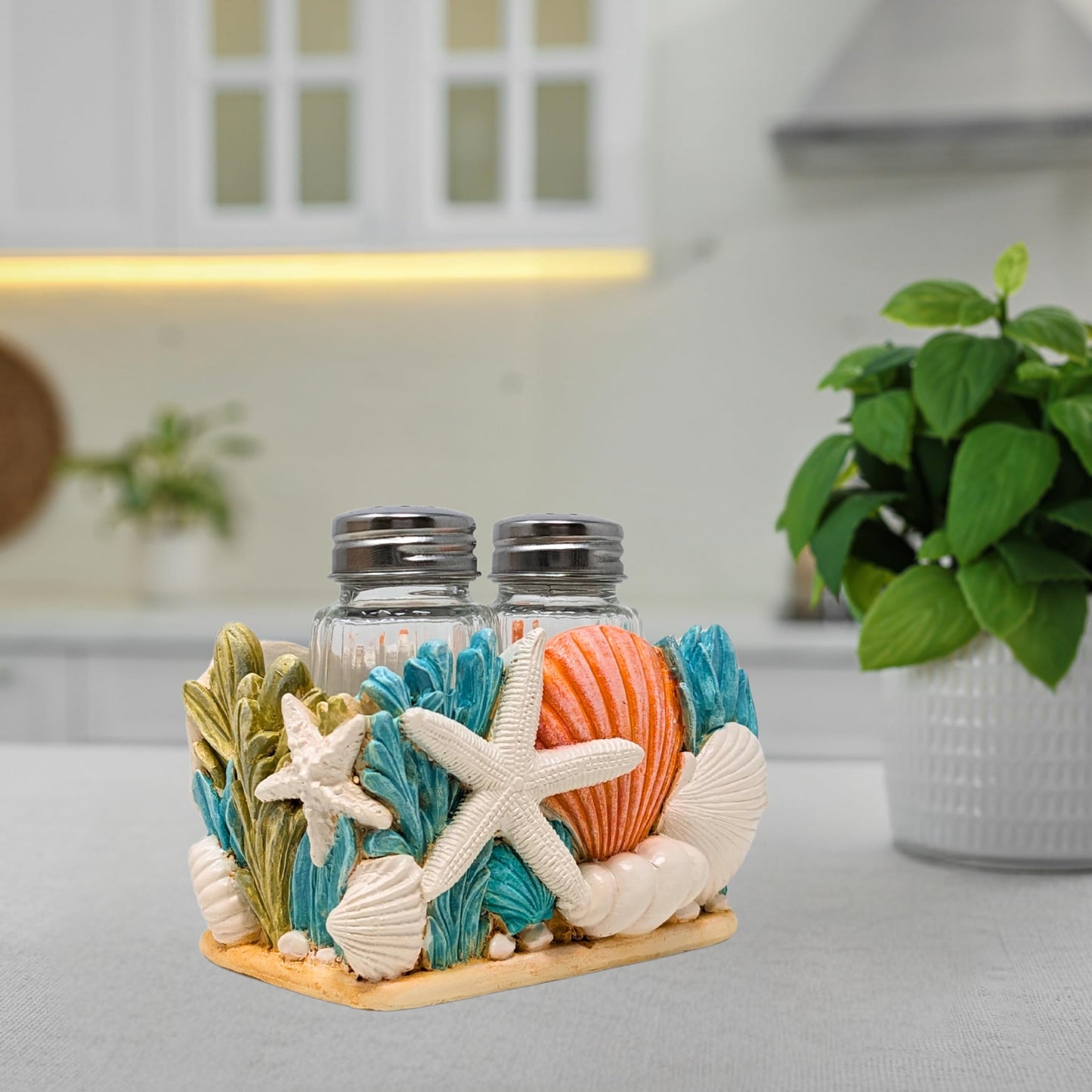 Seaside Splendor Salt and Pepper Shakers Set – Coastal Beach-Themed 3D Resin Design with Seashells & Starfish, Nautical Decor for Kitchens, Dining Rooms, and Beach Houses, Includes 2 Bottles