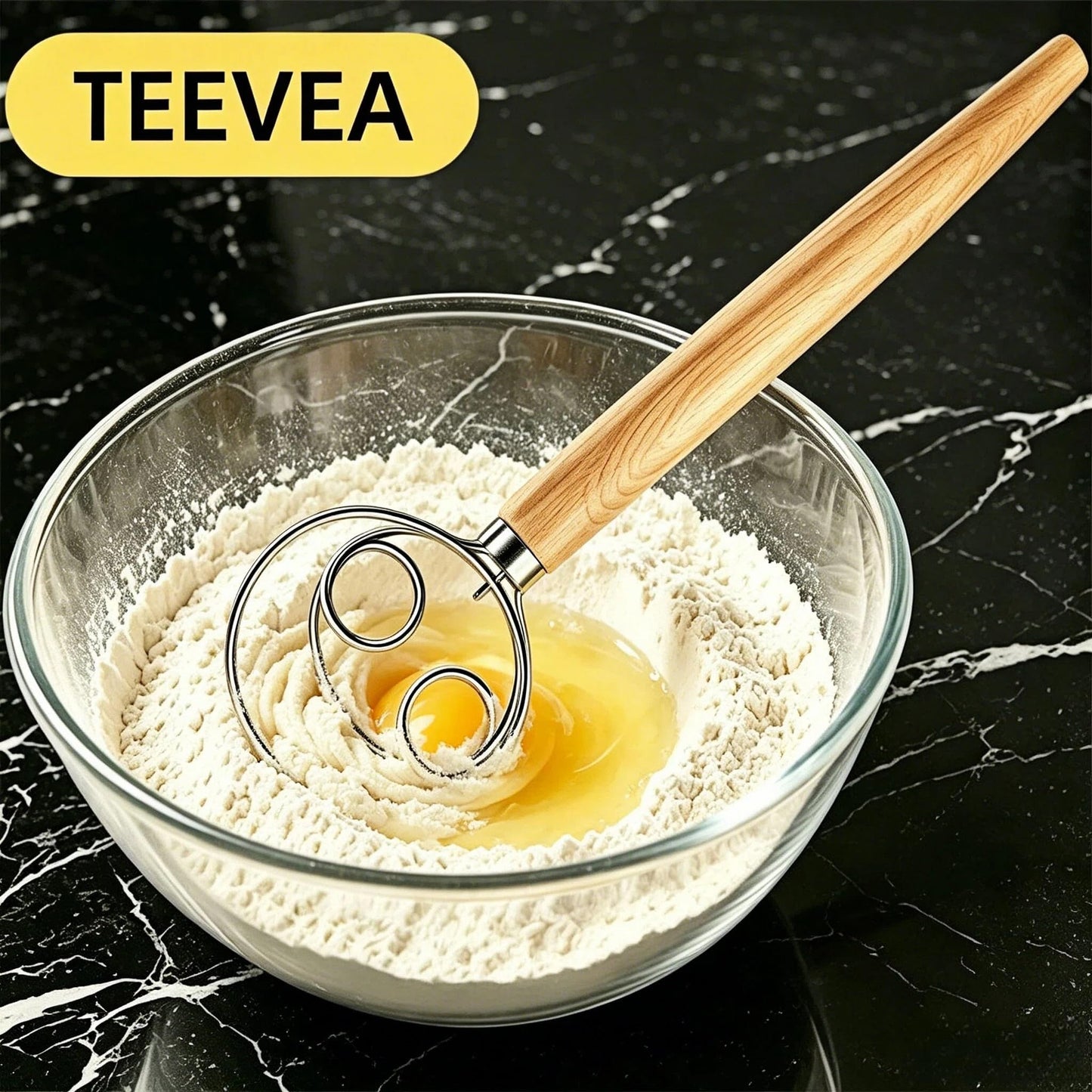 TEEVEA Danish Dough Whisk Stainless Steel Wooden Handle for Sourdough Bread