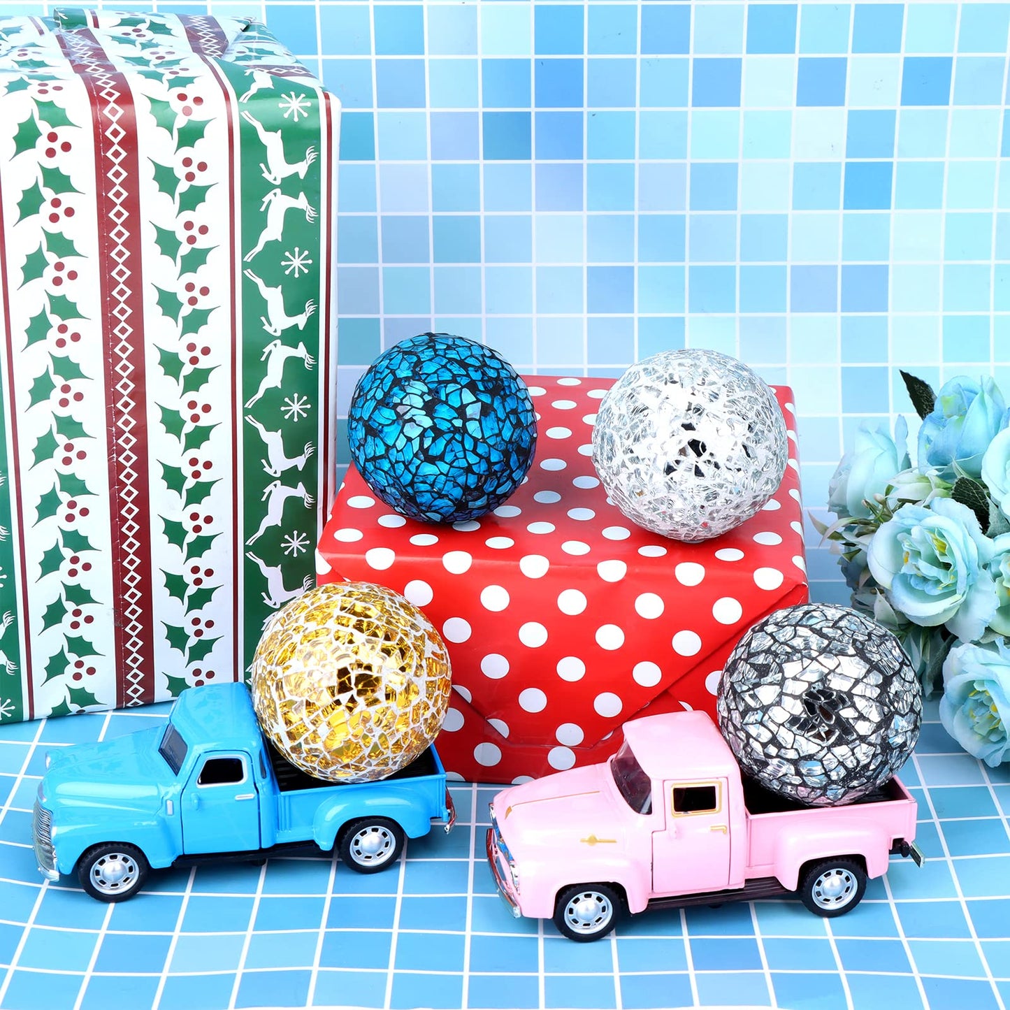 RUIYELE 8 Pieces Mosaic Glass Orbs Balls Mosaic Sphere Glass Globe Decorative Orbs Centerpiece Balls Decorative Glass Balls for Bowls Vases Dining Table Centerpiece Decor