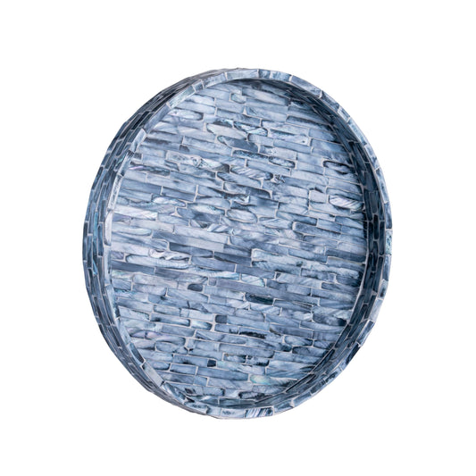 PEMAR Mother of Pearl Decorative Round Tray, 11-Inch Handmade Mosaic Inlay Vanity Tray for Dresser, Coffee Table & Bathroom Decor - Luxury Small Serving Tray for Jewelry, Perfume & Candles (Dark Blue)