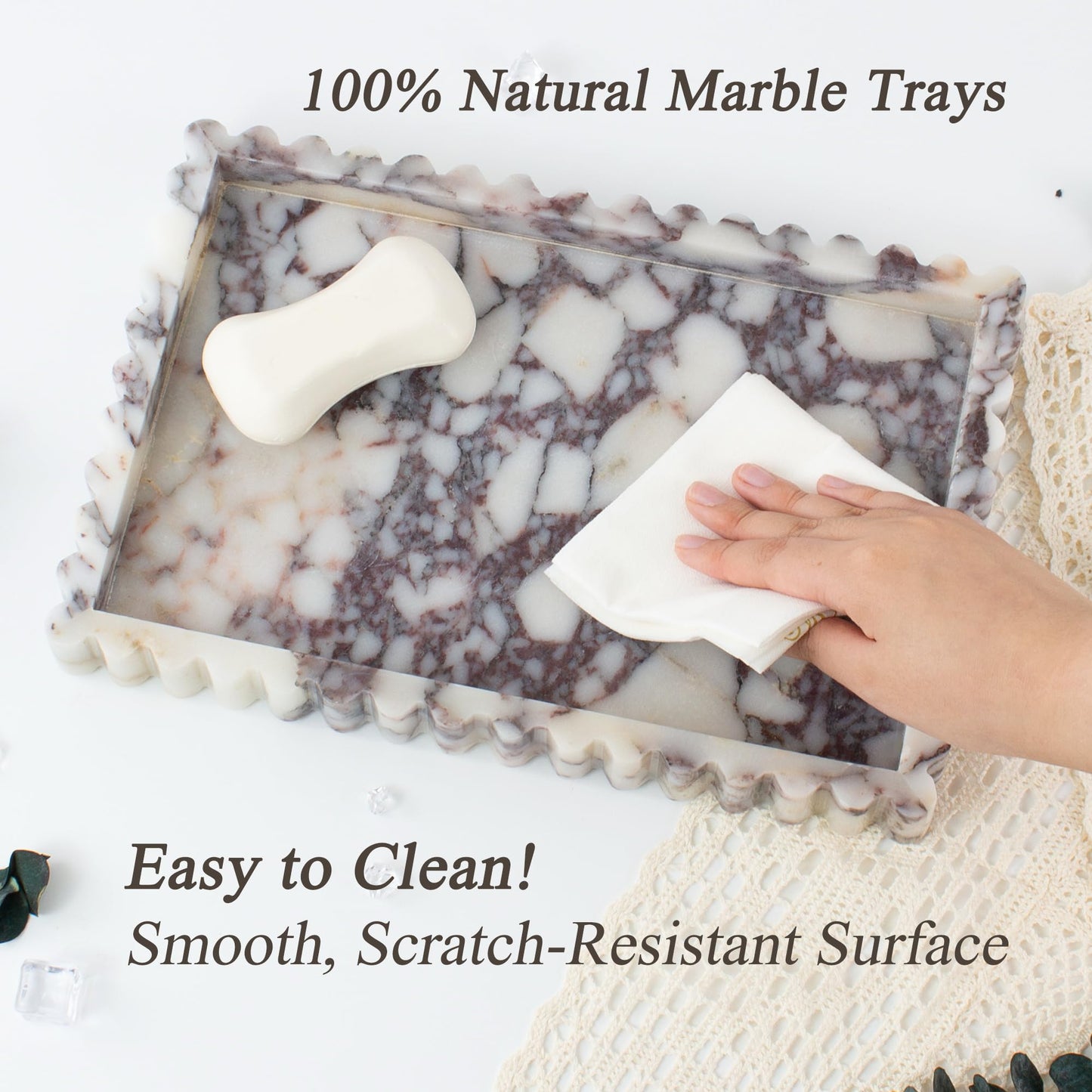YMXYJM Natural Marble Tray for Bathroom, Real Stone Decorative Vanity Tray with Fluted Edge, Large Marble Serving Storage Tray for Kitchen Counter, Dresser, Home Decor, 11.8" x 8", Calacatta Viola