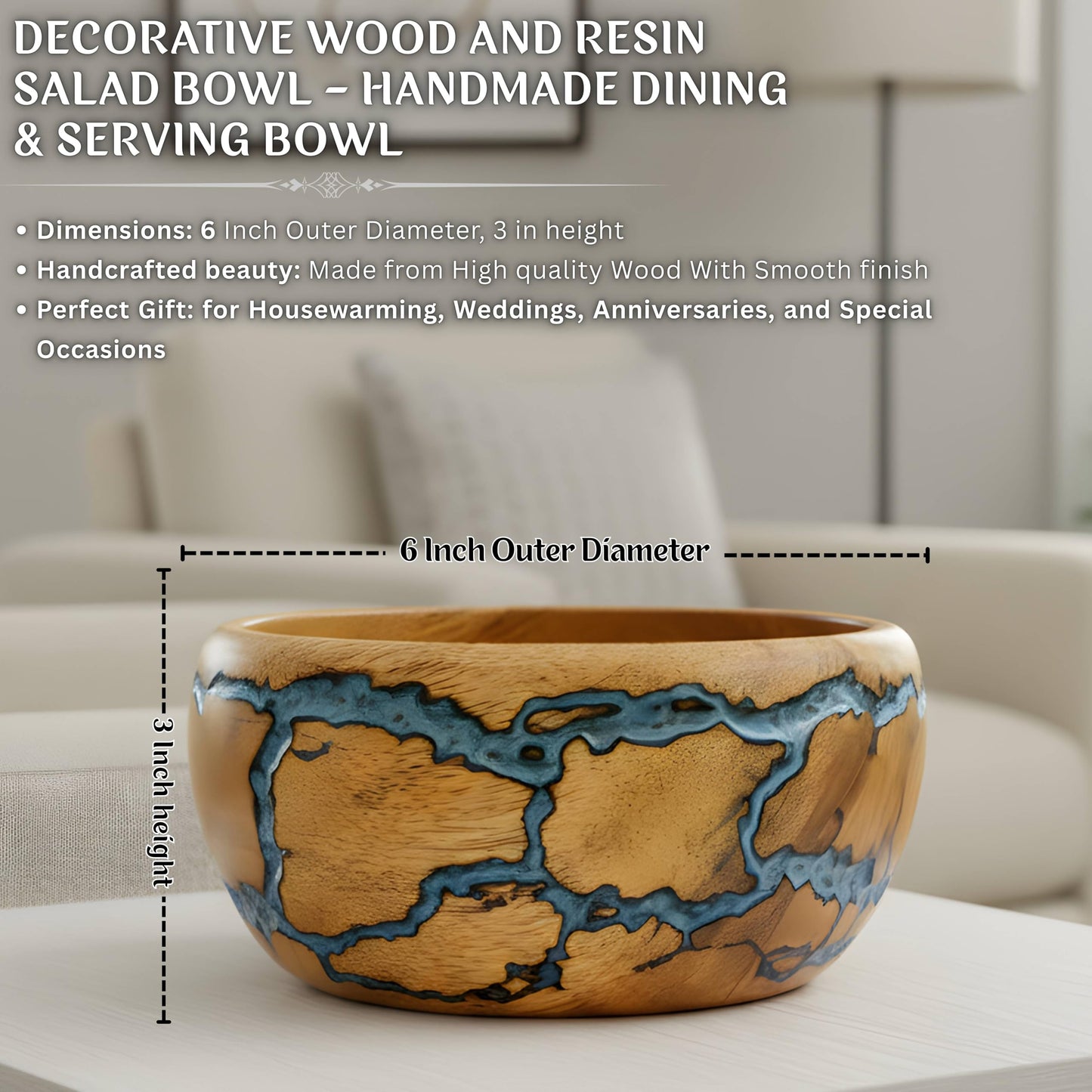 Bhartiya Handicrafts Decorative Wooden Bowl, Handcrafted Blue Resin Serving Bowl for Salad, Fruit & Kitchen Table Décor Bowl (Small)
