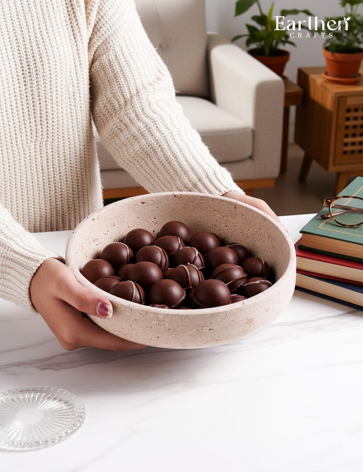 EARTHEN CRAFTS Marble Decorative Bowl 8" Inches Travertine Key Bowl for Entryway Natural Stone Fruit Bowl For Kitchen Counter, Serving Bowl For Coffee Table, Modern Home Centerpiece Decor