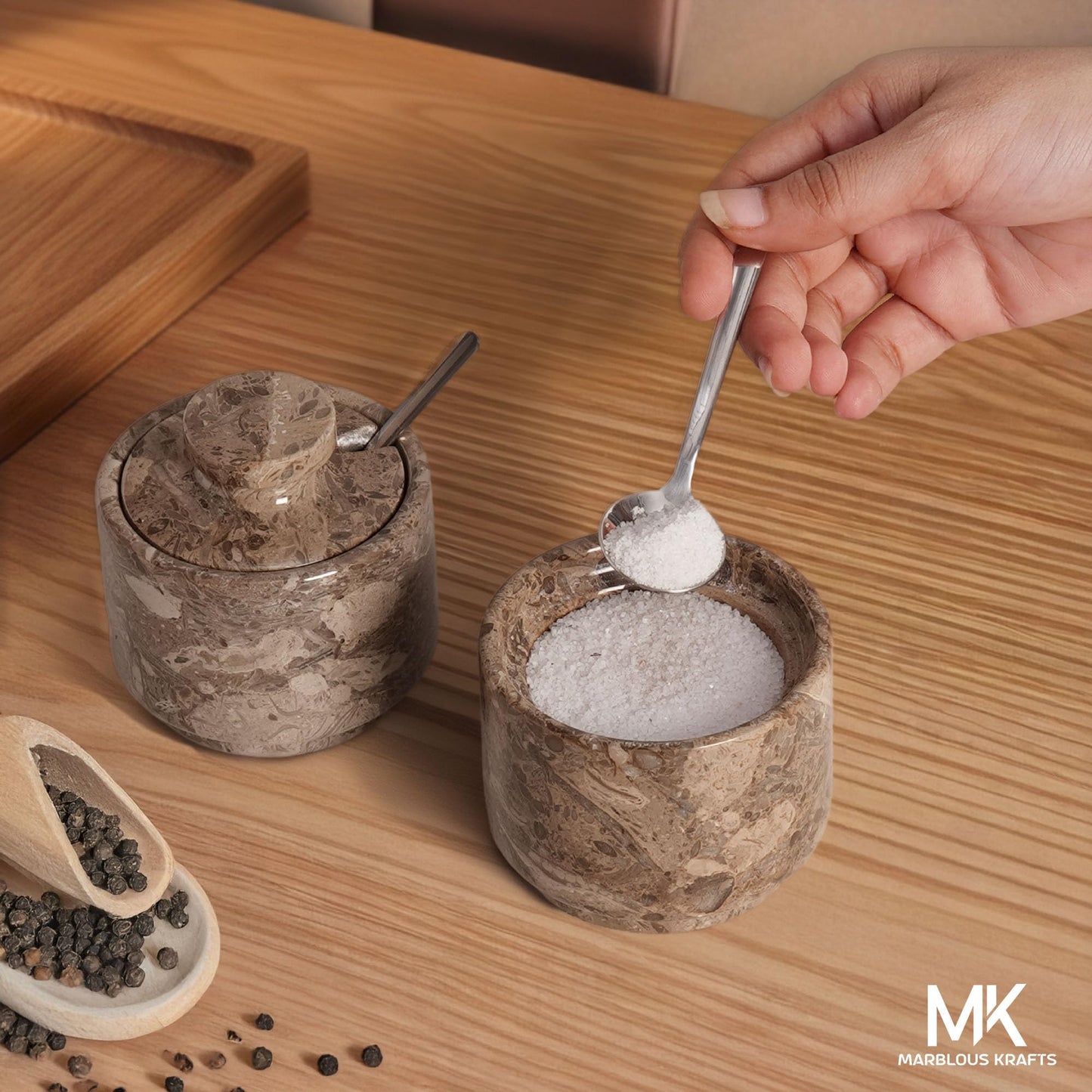 MARBLOUS KRAFTS Marble Salt Cellar 3" Inch Oceanic Flaky Salt Holder for Countertop, Set of 2 Spice Boxes, Brown Sugar Keeper, and Sugar Jar with Lid & Spoon, Perfect for Kitchen Storage