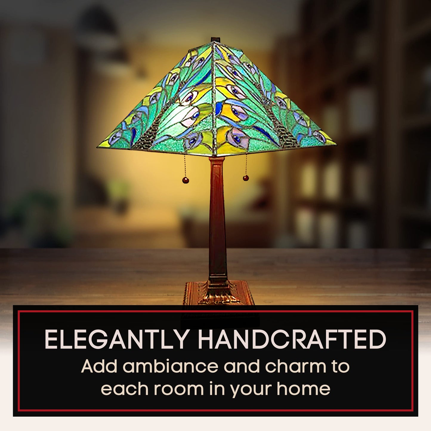 Amora Vintage Tiffany Table Lamp - Peacock Table Night Light - Turquoise Glass Nightstand Lamp - 23” Tall Stained Glass Lamp