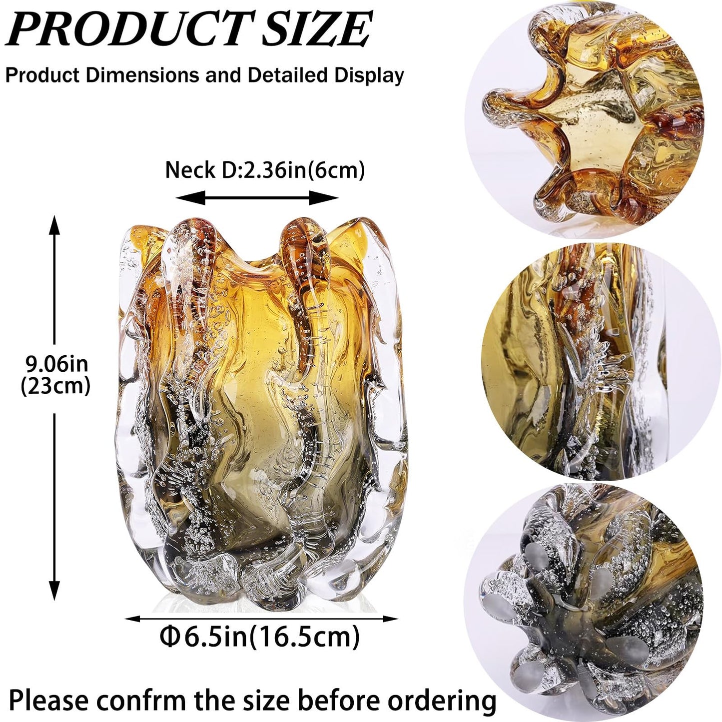 Blown Glass Bubble with Ruffled Edge Vase, Art Glass for Home Decor, Tall Vases for Centerpieces & Flowers, Crystal-Like for Bouquets & Pampas Grass, Vases Amber, Flower Bouquet Display (Yellow, S)