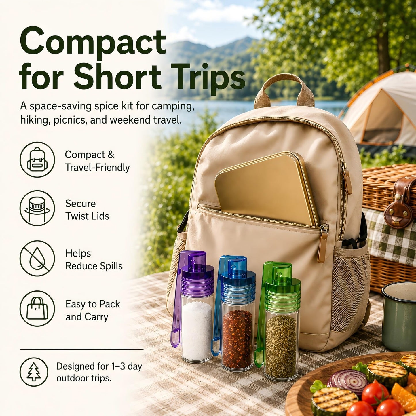 6 PCS Mini Spice Containers with Spoon, Portable Leak Proof Airtight Seasoning Set for Camping, Backpacking, BBQ, RV, Kitchen and Outdoor Cooking (12-Piece Set)