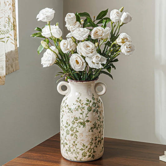 Ceramic Flower Vase | Green Rustic Farmhouse Vase with Handles for Home Decor, Vintage Floral Tuscan Vase for Living Room & Kitchen, Mantel & Bookshelf, Centerpieces, Entryway, Wedding(9.1 Inch)