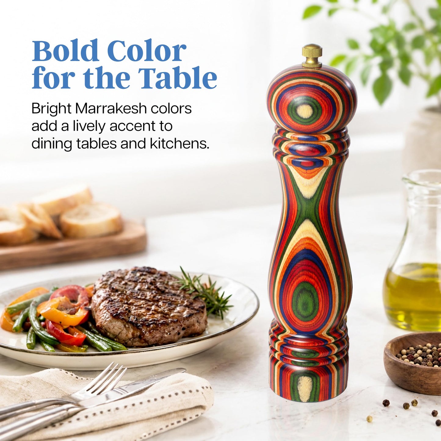 Baltique Marrakesh Wooden Pepper Grinder, Colorful Wood Pepper Mill with Adjustable Stainless Steel Grinding Mechanism, Refillable Manual Mill for Kitchen and Table Use, 8-Inch