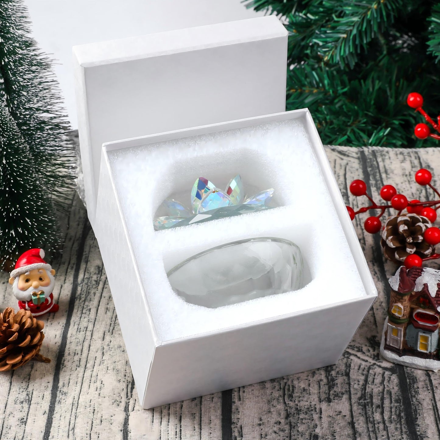 Dounx Crystal Jewelry Box for Women, Small Glass Trinket Jar with Lid, Clear Lotus Flower Storage Holder Elegant Organizer Dish for Ring, Earrings, Necklace, Gift (Pink Flower)