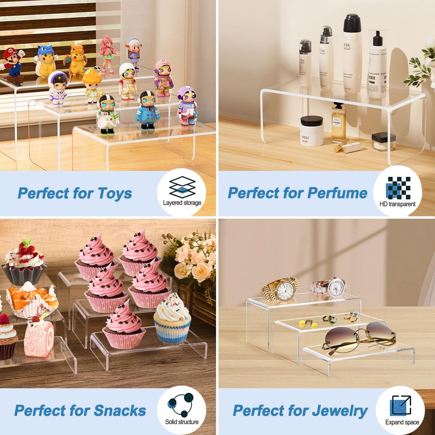 QuikSavor 6PCS Acrylic Display Risers, 12'' Large Acrylic Risers Display Stands,Tiered Shelves for Gemstone, Curio, Figurines, Collectibles and Home Deco
