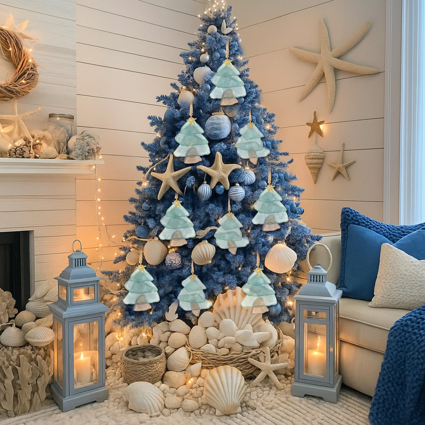 Yookeer 6 Pcs Sea Glass Christmas Tree Ornaments Handmade July in Christmas Sea Glass Xmas Tree Ornament Pendant Blue Beach Seaglass Hanging Ornament Crystal Xmas Decoration for Centerpiece Home Decor