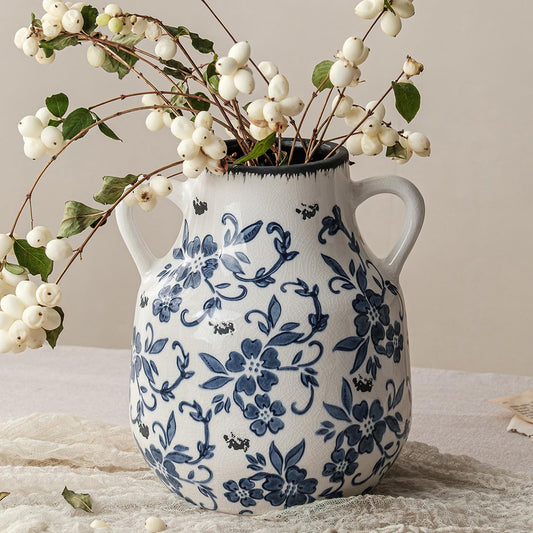 Blue and White Vintage Round Flower Vase with 2 Handles, Chinoiserie Floral Vase, Retro Ice Cracked Ceramic Large Vases for Home Decor, Living Room, Grand Millennial Chinoiserie Decor, 7.7 Inch
