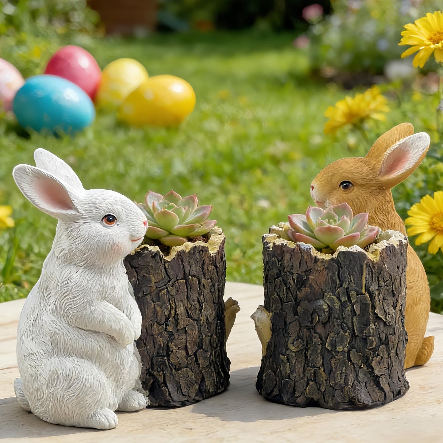 Big Stone Art Resin Rabbit Planter with Tree Stump Statue, Bunny Garden Decor, Animal Figurine Pot (Brown)