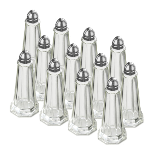 New Star Foodservice Glass Tower Salt and Pepper Shakers, 1 oz Set of 12, Clear Glass Shakers with Stainless Steel Tops for Restaurants and Tabletop Use