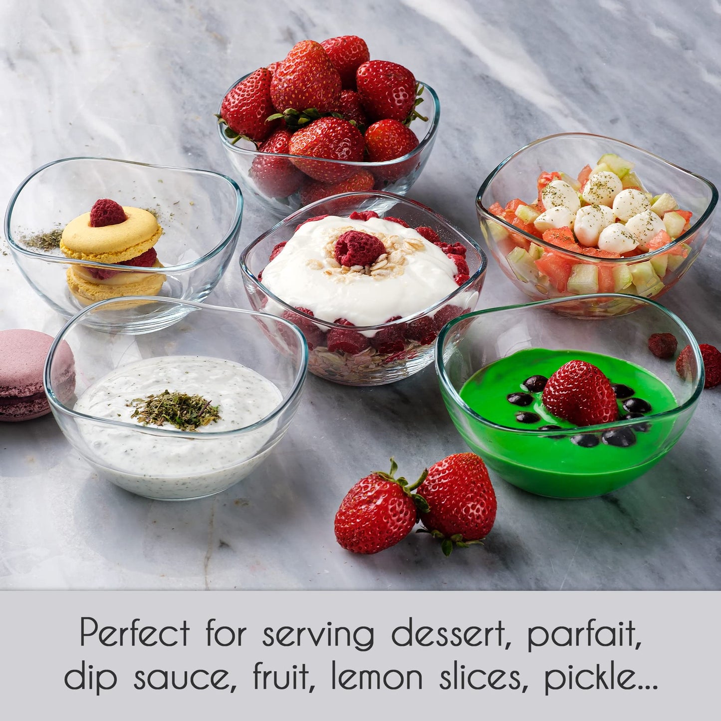 Volarium CRYSTALIA Small Glass Bowls for Kitchen Prep, Modern Round Serving Dishes for Dessert, Salad, Fruit, Pudding, Candy, Cereal, Ice Cream, Stackable Bowls Set of 6 (Medium 7 1/4 oz)