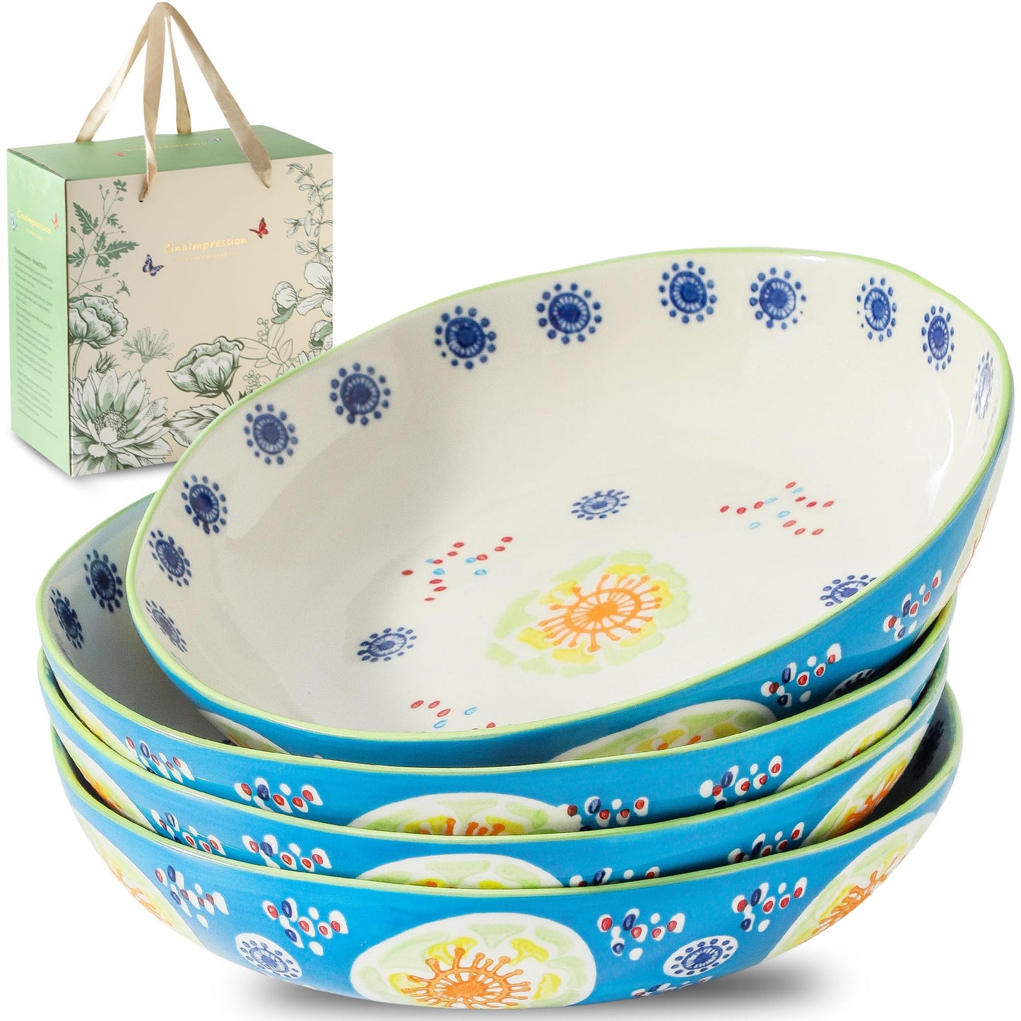 Hand-Painted 9 Inch Soup and Pasta Plate Set of 4,Wide and Gently Deep Ceramic Dinner Plates for Salad Breakfast Everyday Meals,Microwave Oven Safe up to 480°F,Lead-Free Stoneware,Giftable Ocean Blue