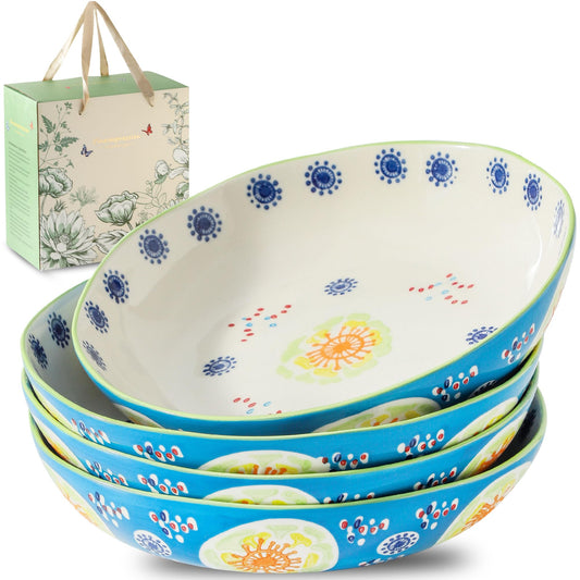 Hand-Painted 9 Inch Soup and Pasta Plate Set of 4,Wide and Gently Deep Ceramic Dinner Plates for Salad Breakfast Everyday Meals,Microwave Oven Safe up to 480°F,Lead-Free Stoneware,Giftable Ocean Blue