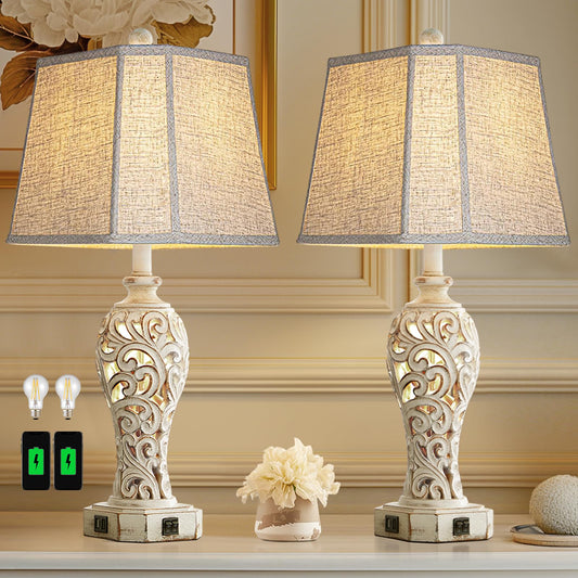 Reyokale Set of 2 Rustic Table Lamps for Living Room Bedroom, Farmhouse Vintage Nightstand Lamp with 2 USB Ports, Hollow Out Resin Lamp for End Table with Nightlight, Bulbs Included (Wash White)