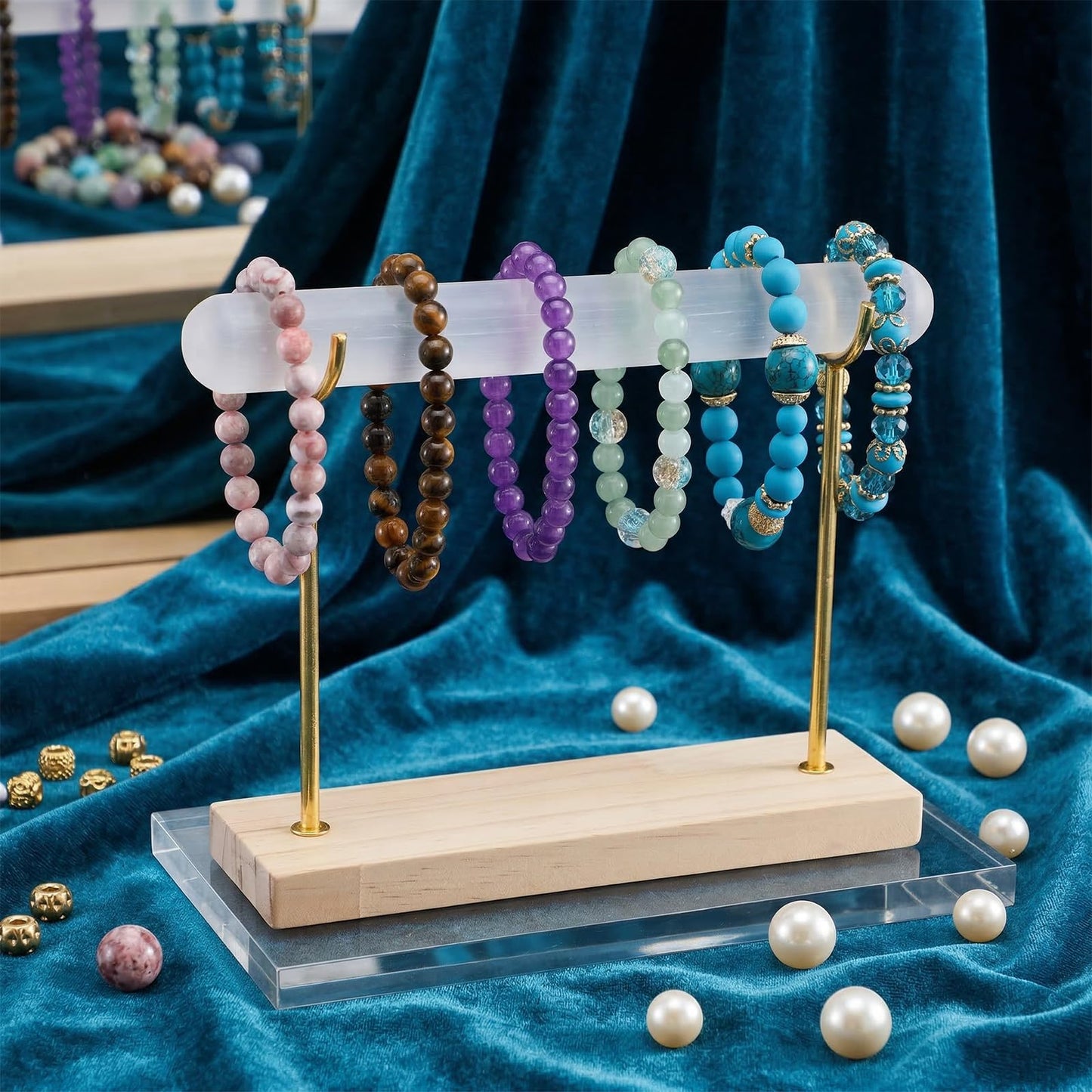 kenaeooe Selenite Bracelet Display Stand - Crystal Healing Jewelry Organizer & Holder for Bracelets, Watches, Necklaces - Detachable Wood Base & Metal Bracket for Cleansing