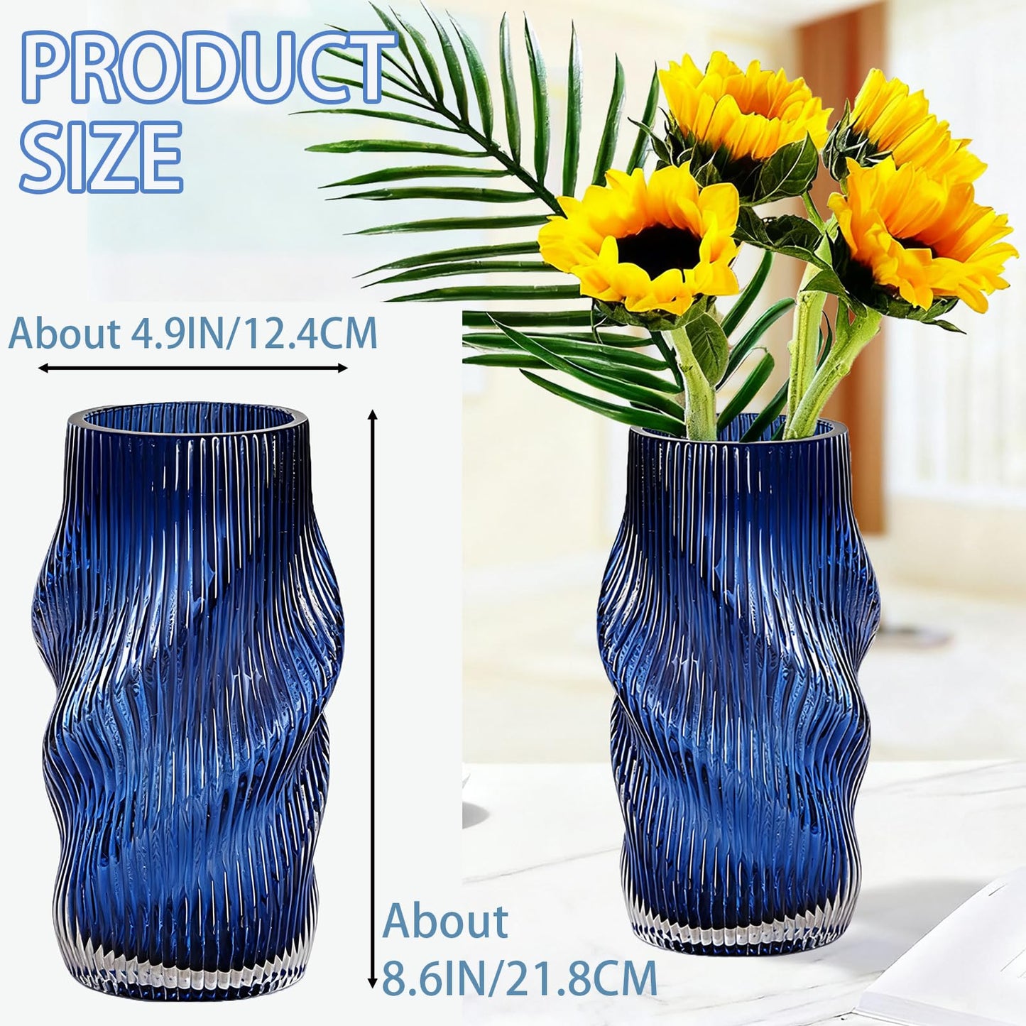 HELAIMAY Blue Ribbed Glass Flower Vase, Irregular Shaped Modern Minimalist Glass Vase, Flower Vase for Centerpieces and Home Decor, 8.6 Inches, 1 Piece