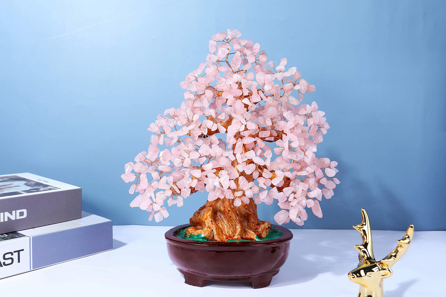 Jovivi Feng Shui Natural Rose Quartz Crystal Money Tree Resin Base Healing Stones Bonsai Style Tree Large Decoration for Wealth and Luck 9.5 Inches