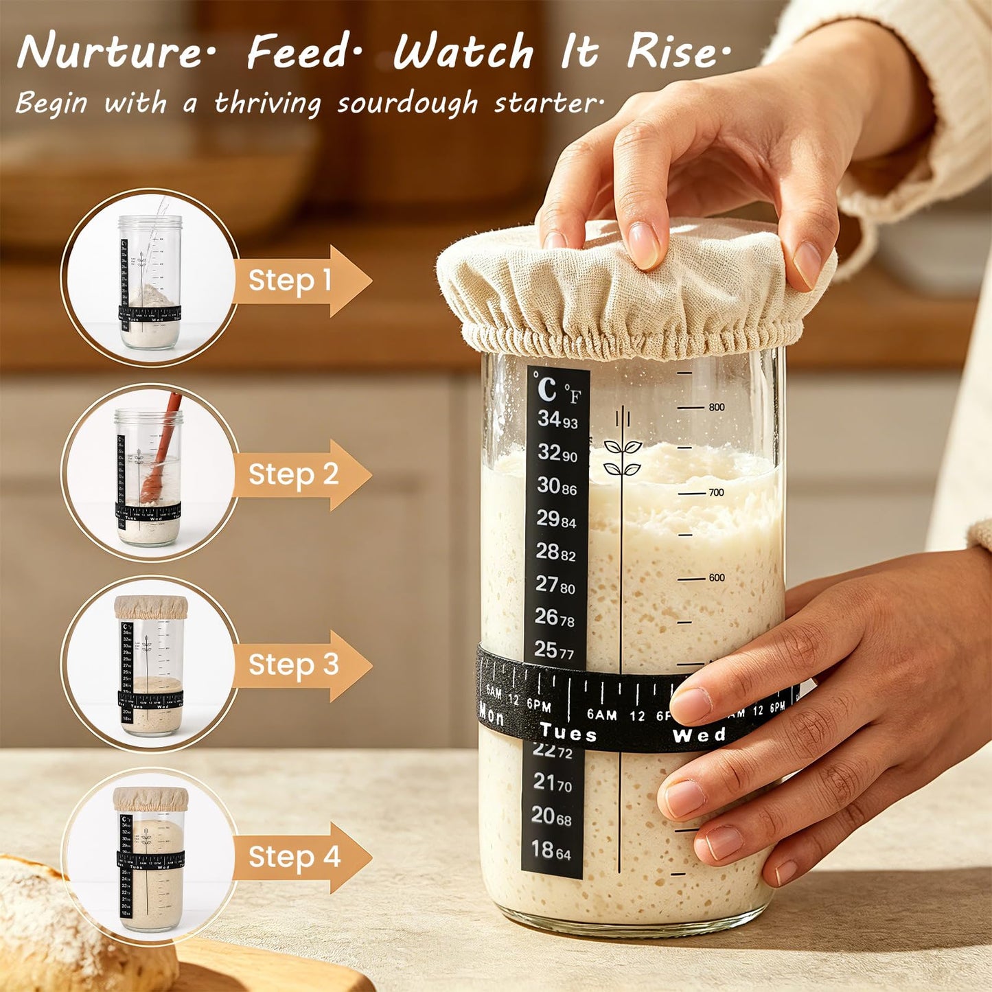 Sourdough Starter Kit, Sourdough Bread Baking Supplies, Banneton Bread Proofing Basket with Starter Jar, Dough Whisk, Scrapers, Recipe, Round Bread Proofing Basket, for Bread Baking