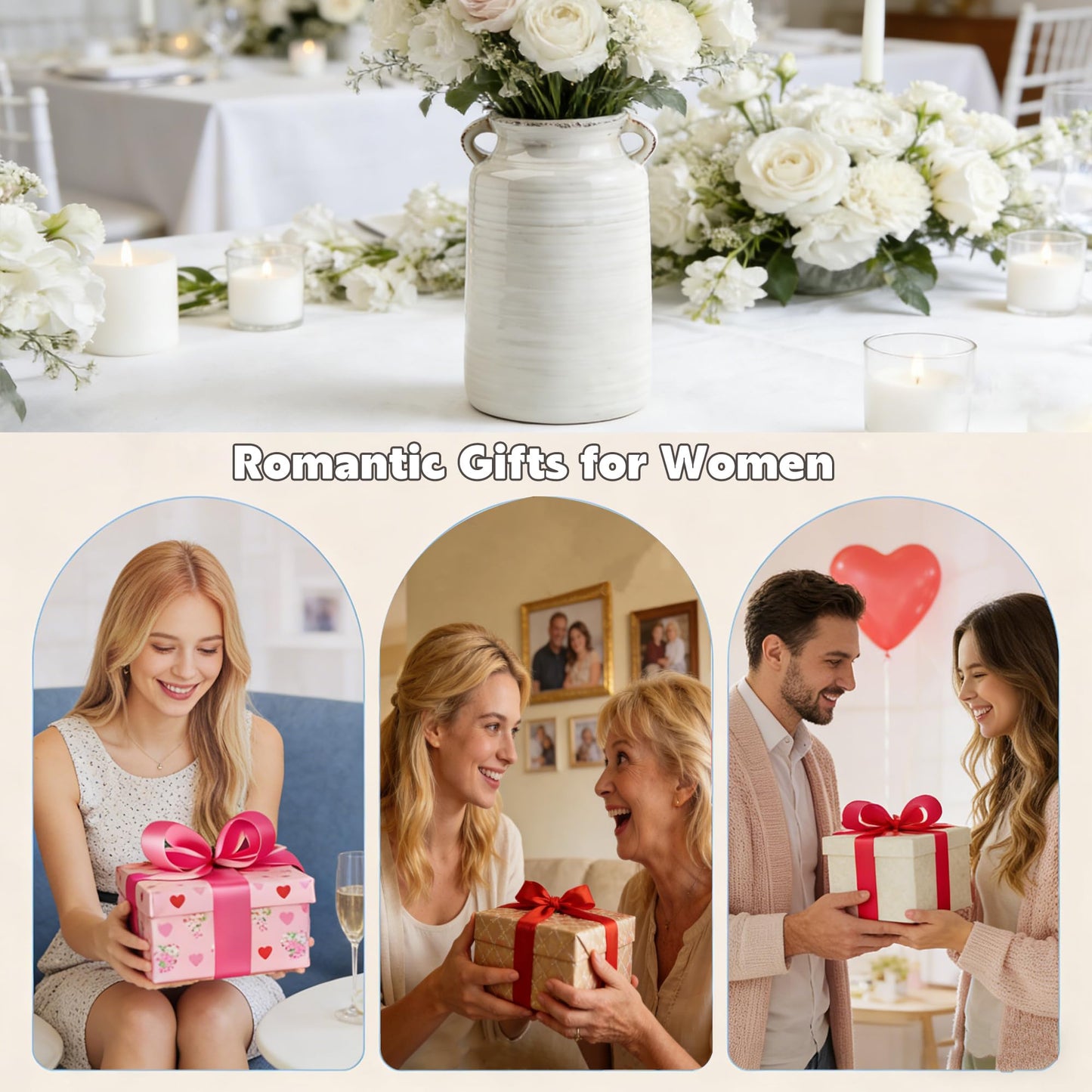 Ceramic Rustic Distressed White Flower Vase for Centerpieces, Kitchen, Office or Living Room (5.9''x10.2”)