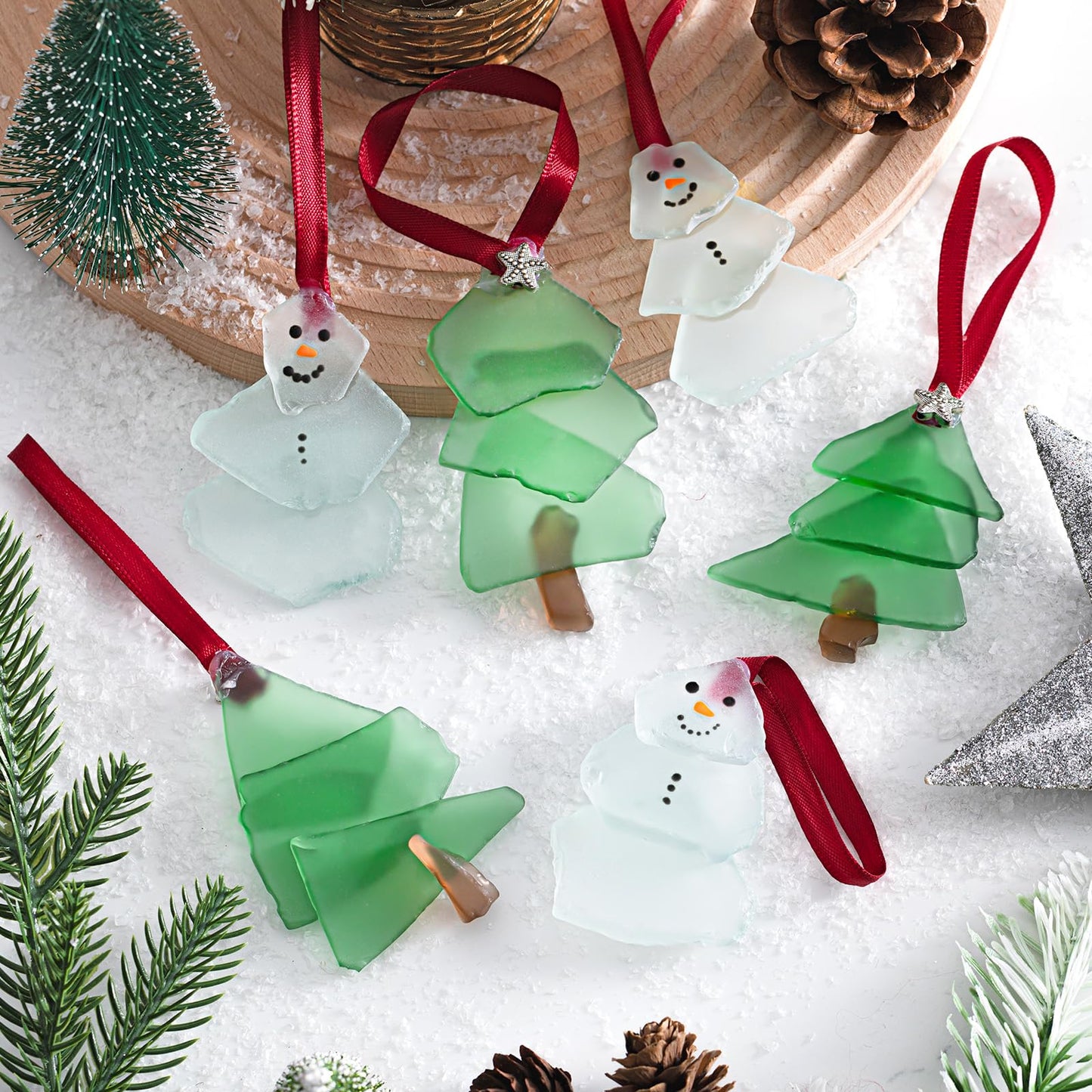 Zhehao 6 Pcs Christmas Tree Ornaments Sea Glass Christmas Tree and Sea Glass Snowman Crystal Xmas Craft Hanging Decoration Ocean Beach Seaglass Ornament Set for Xmas Party Home Decor