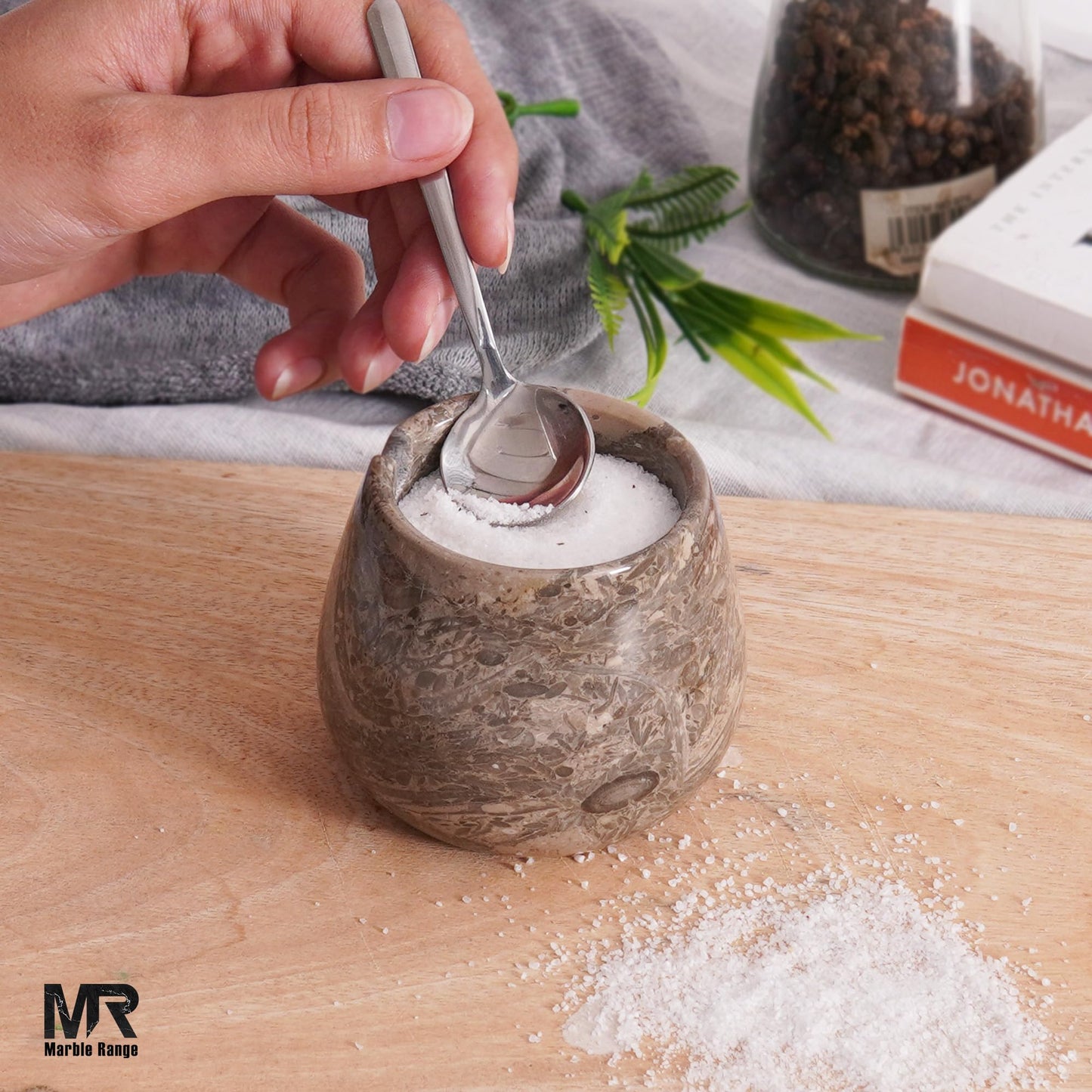 Oceanic Marble Salt Cellar – 3.5 Inch Oceanic Salt Jar with Lid, Table Salt Container, Salt Dish, Salt Holder, Spice Jar, Sugar Bowl, Seasoning Container, Salt Dispenser for Kitchen Counter Decor