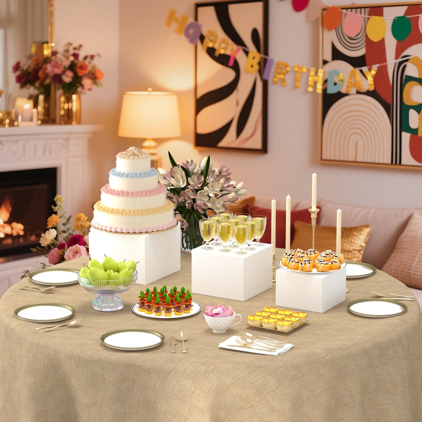 KOLIPI 3Pcs Buffet Risers, Food Risers for Buffet Table, Acrylic Boxes for Display Cube Riser Display Stand for Party Catering Dessert Collectibles, White Set (Size 8", 7", 6")