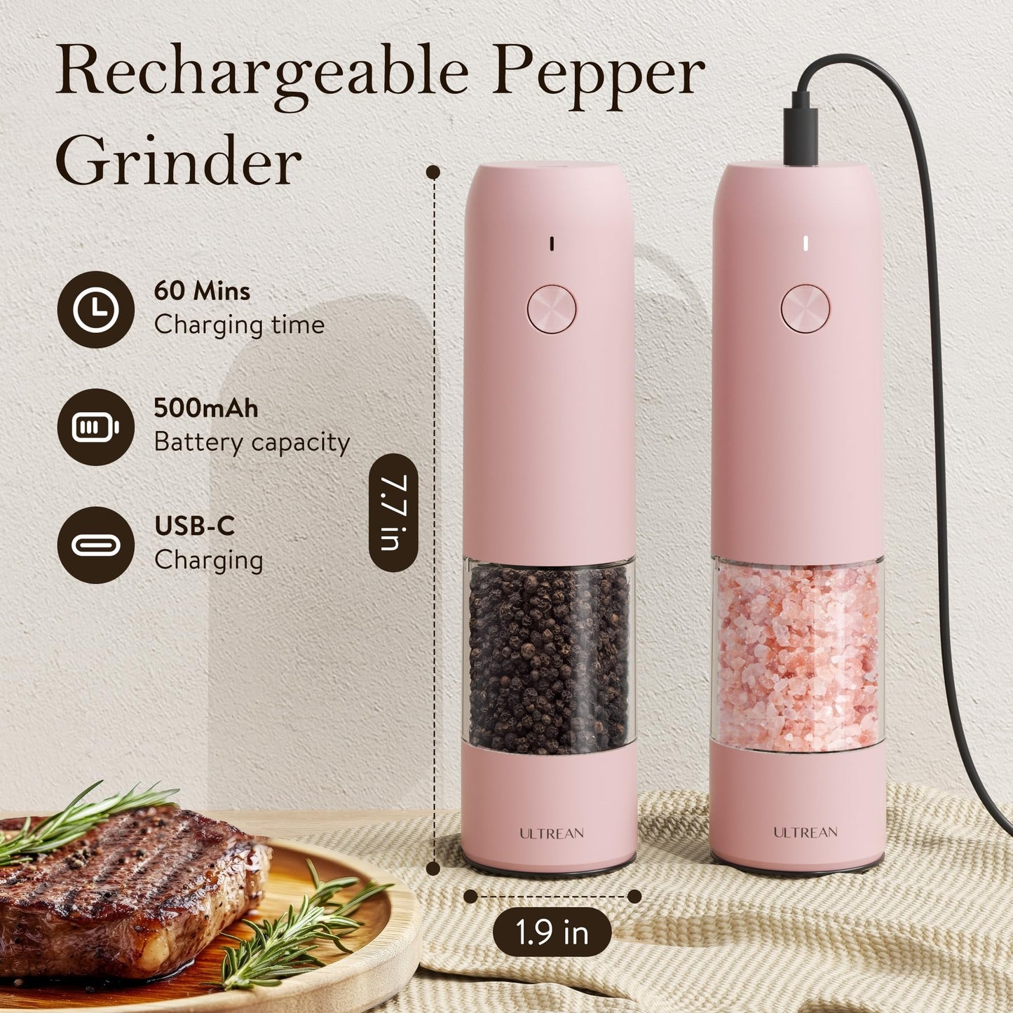 Ultrean Pepper Grinder, Rechargeable Salt and Pepper Grinder with 6 Adjustable Coarseness, LED Light, Automatic Grinder for Kitchen, Cooking Gifts for Women Valentines Day Gifts for Her, Pink