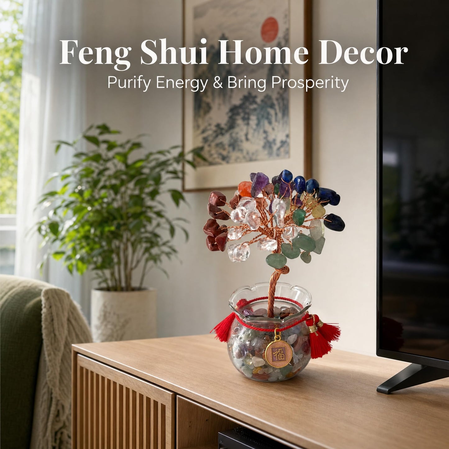 Fatonio 7 Chakra Natural Crystal Money Tree, Mini Feng Shui Wealth Healing Crystal Decor, Positive Energy Lucky for Home Office Decoration, Women Mom s Ideal Gift for Housewarming Birthday