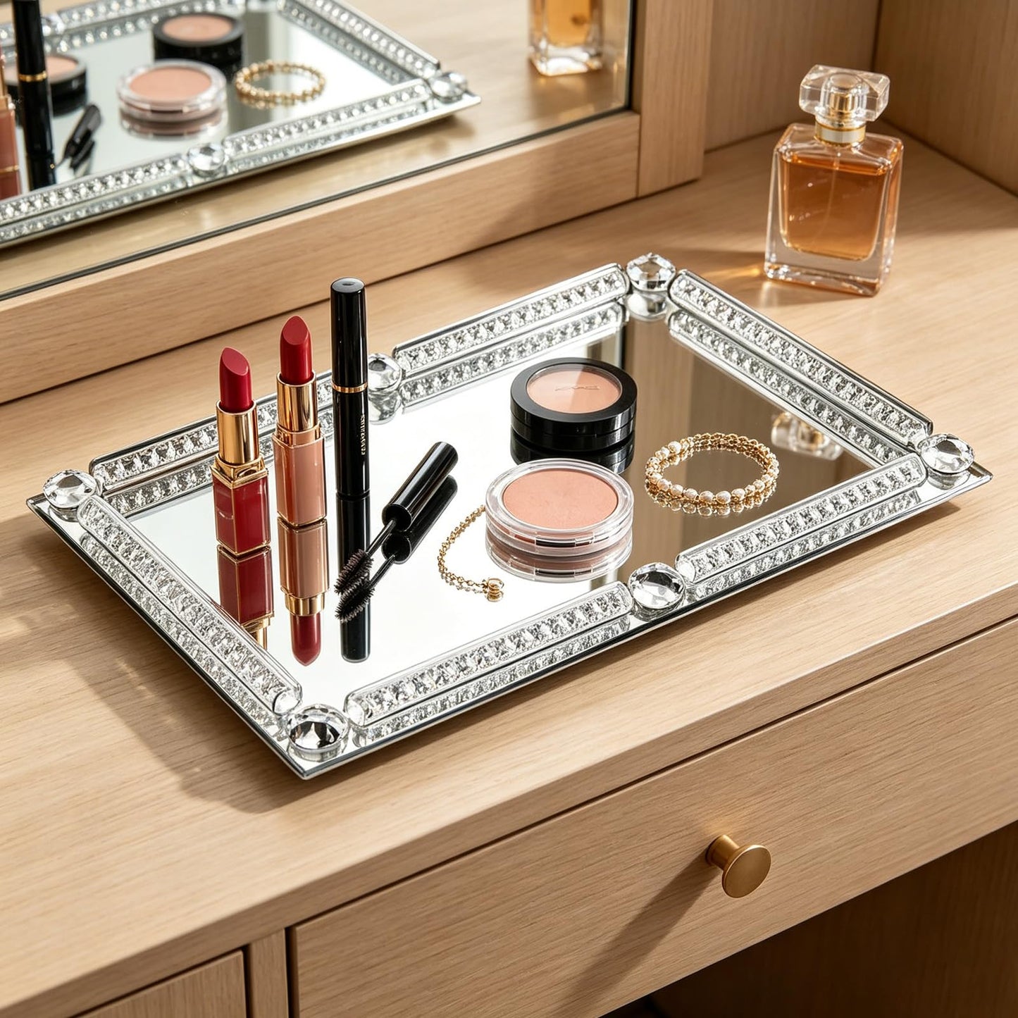 Large Silver Mirror Crystal Perfume Tray, Crushed Diamond Filled Glass Vanity Jewelry Trinket Trays, Cosmetic Makeup Vanity Organizer, for Home Decorative, Party, Hotel Banquet, 15.7" x 11.8"