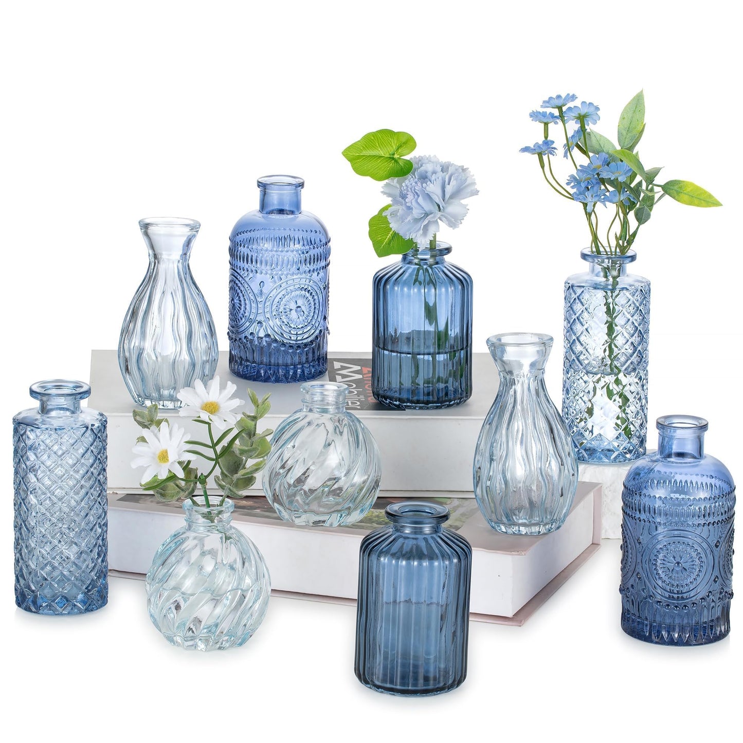 Glasseam Glass Bud Vases for Centerpieces, Vintage Embossed Small Vases