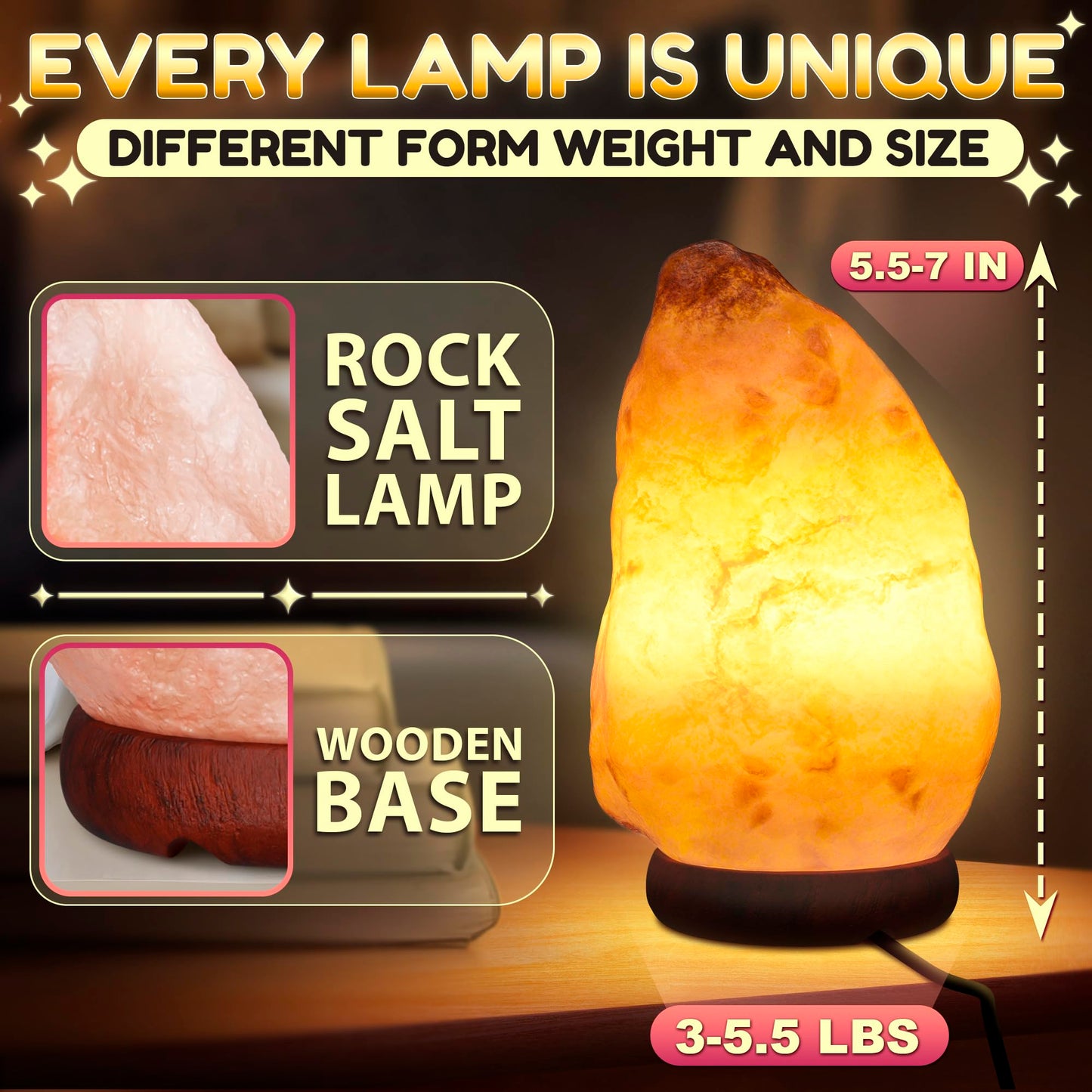 Himalayan Salt Rock Lamp with Dimmer – Hand-Carved Himalayan Salt Lamp Night Light 5.5–7" with Adjustable Warm Glow for Sleep & Relaxation