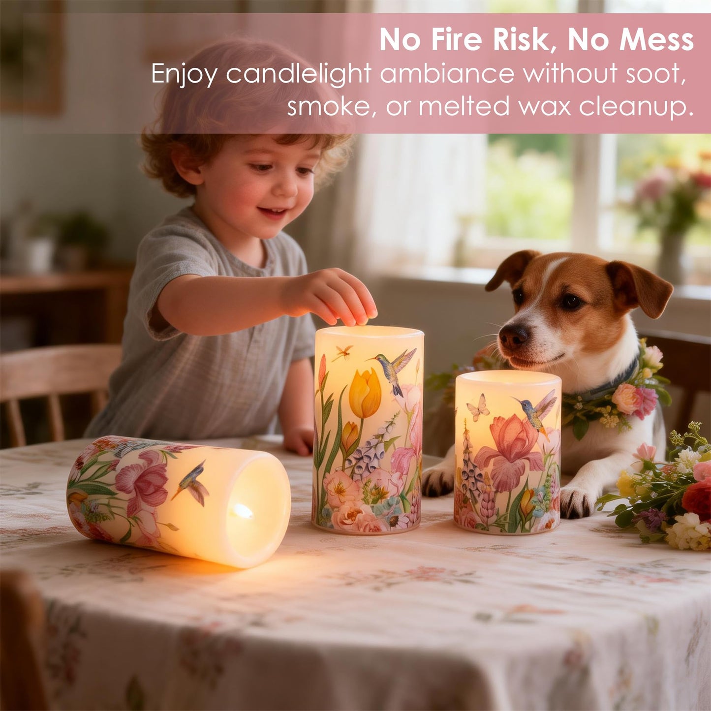 LUSHARBOR Flameless Candles with Remote, Battery Operated Candles Real Wax Hummingbird Flickering LED Candles Floral Christmas Decor Electric Pillar Candles Set of 3