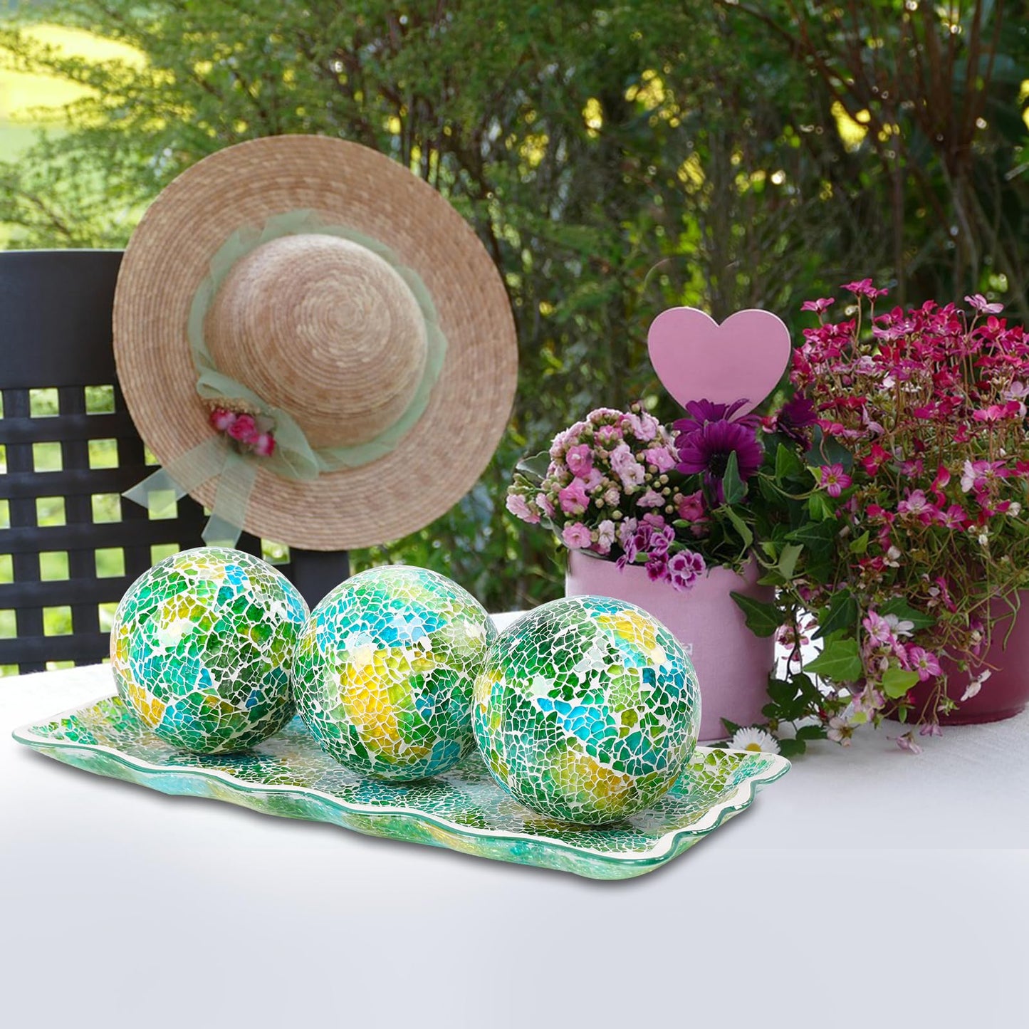 Afirst Decorative Ball and Glass Bowl - 4 Inch Mosaic Sphere Centerpiece Table Decorations with Tray for Coffee Table Decor, Living Room,Dining Table,Party,Wedding Decor