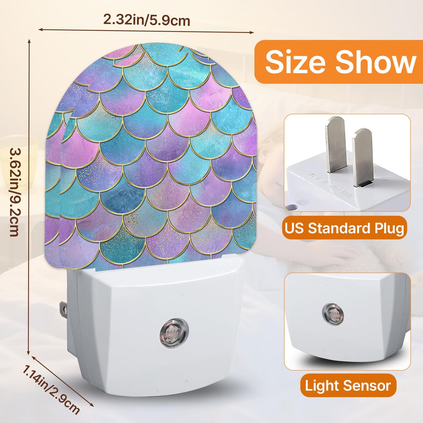 Axxitude Mermaid Fish Night Light,Pink Scales Marble Plug in NightLights with Dusk to Dawn Sensor,Wall Nightlight for Bedroom Bathroom Living Room,Soft Warm Sleep Night Lights