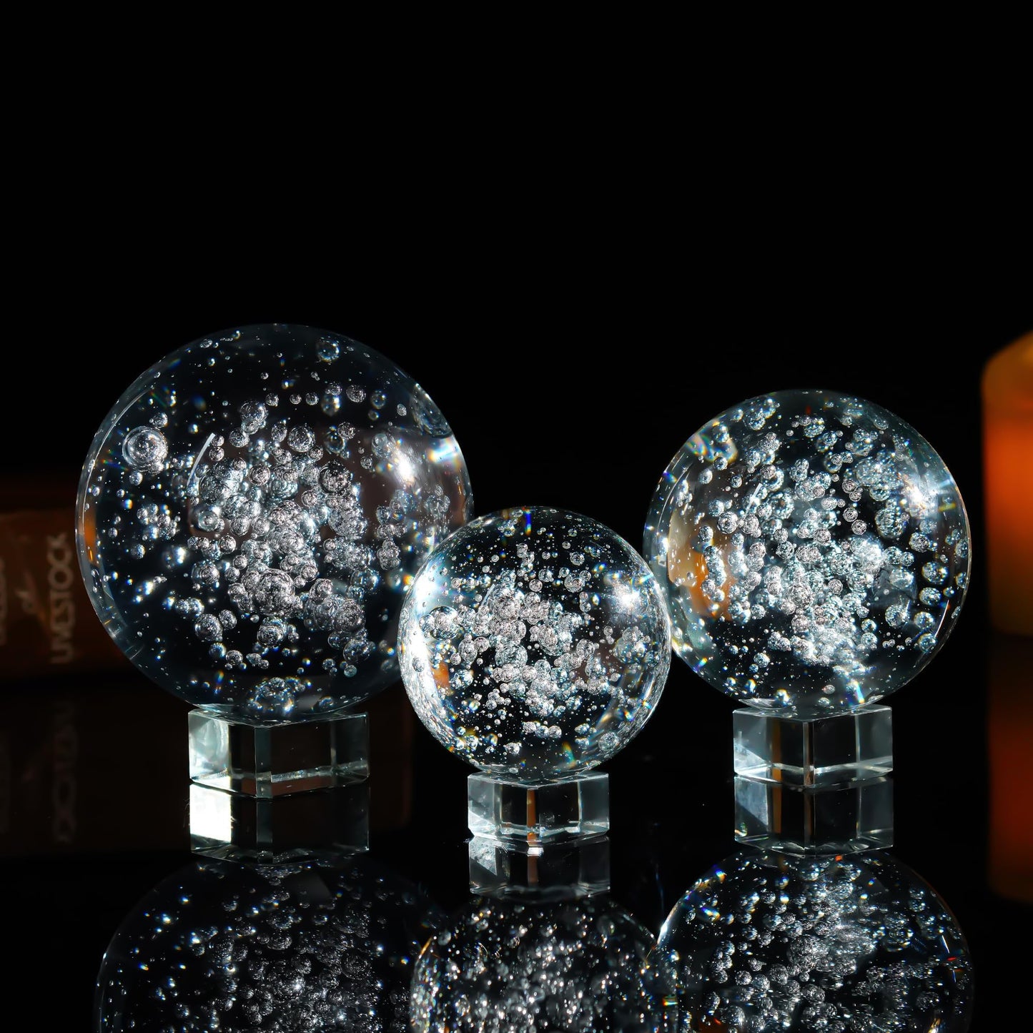 Crystal Ball Set of 3 K9 Bubble Glass Decorative Spheres with Stands