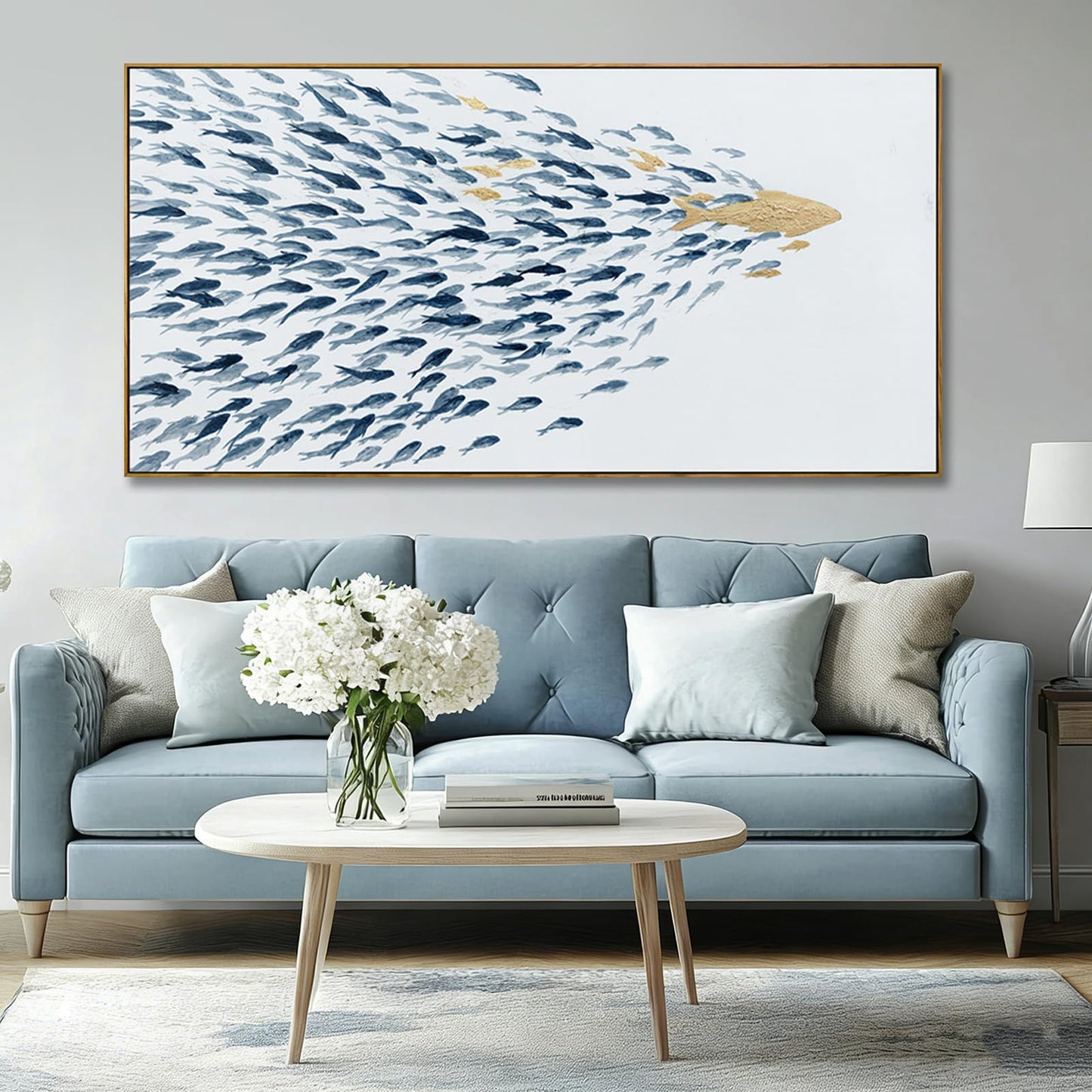 Minimalist Framed Wall Art Fish Animal Ocean Blue Gold Modern Canvas Prints 29"x58" Large Pictures Artwork for Living Room Kitchen Wall Art Decor