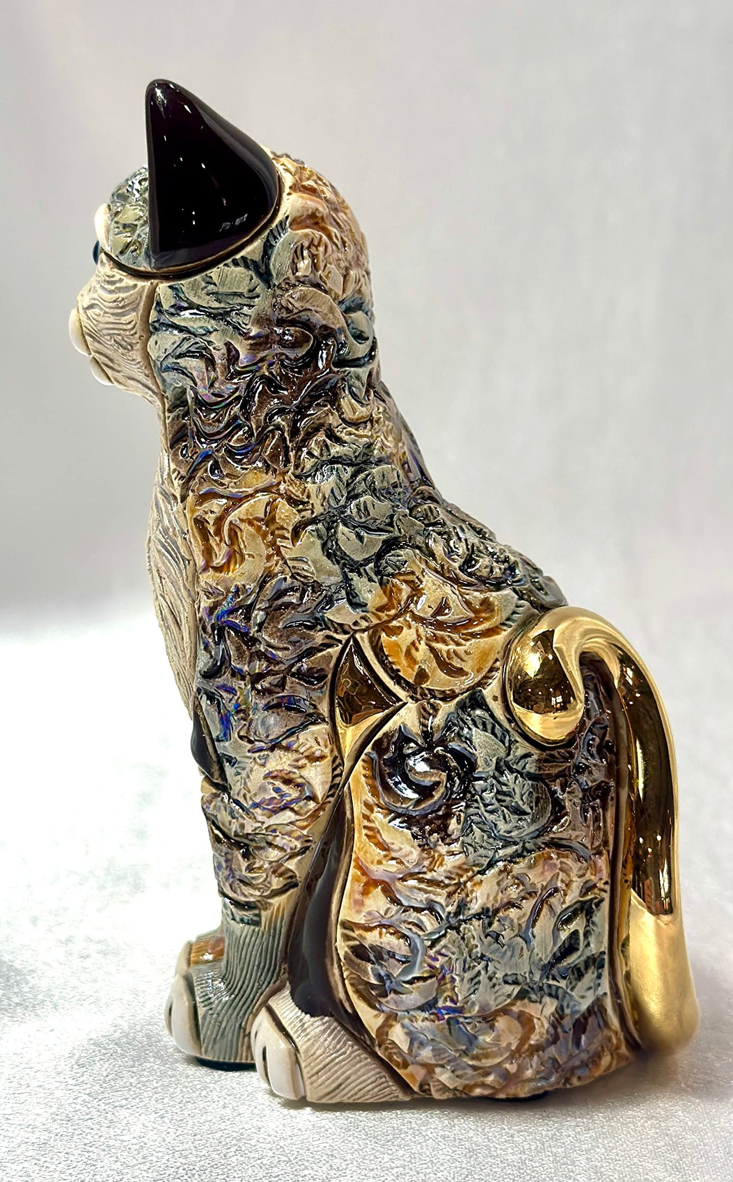 Handmade Sculpted Ceramic Calico Cat Sitting Figurine - Art - Decor - Gift