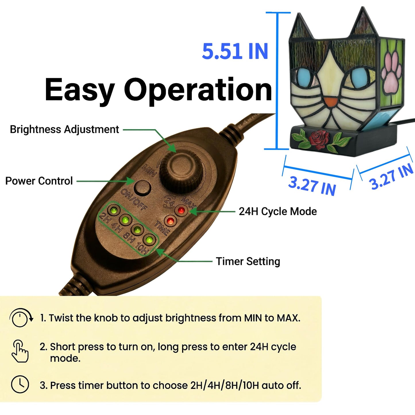 Entlityful Stained Glass Cat Lamp, Tiffany Style Table Lamp with 24H Cycle Timer, Small Table Lamp with Dimmable Timing Function, Cat Gifts for Women,Cat Lovers,Cat Remembrance Gifts